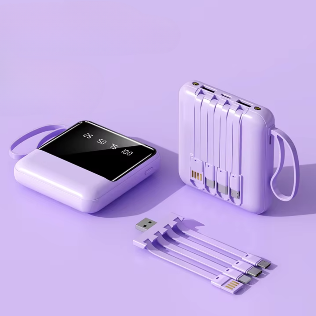 10000mAh Mini Power Bank with Built-In Cable